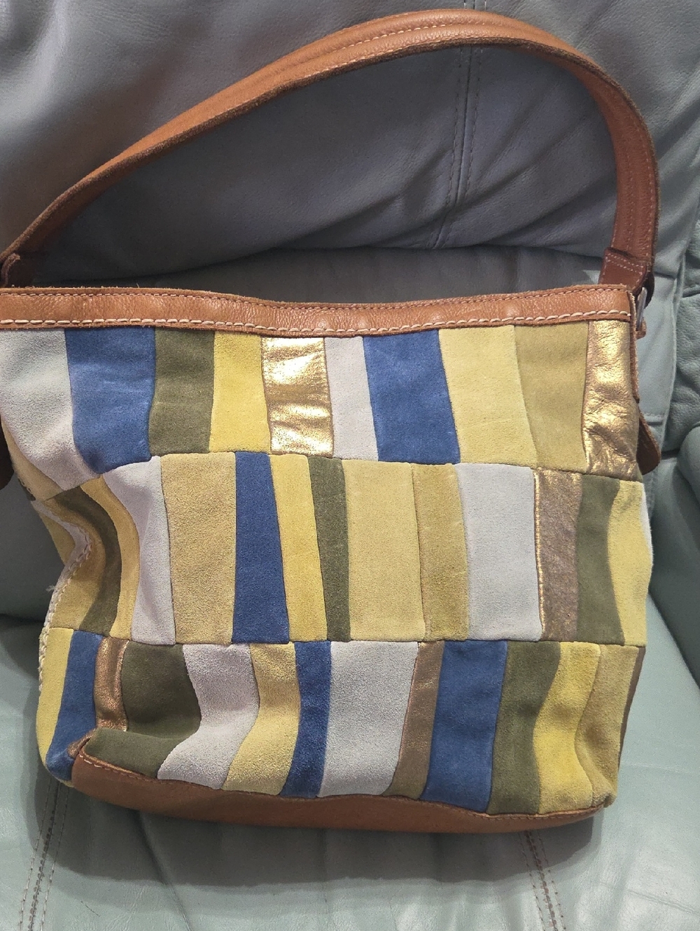 Patchwork Stripe Shoulder Bag in Blue, Green, Gold & Gray - Suede By Fossil - Picture 4 of 8
